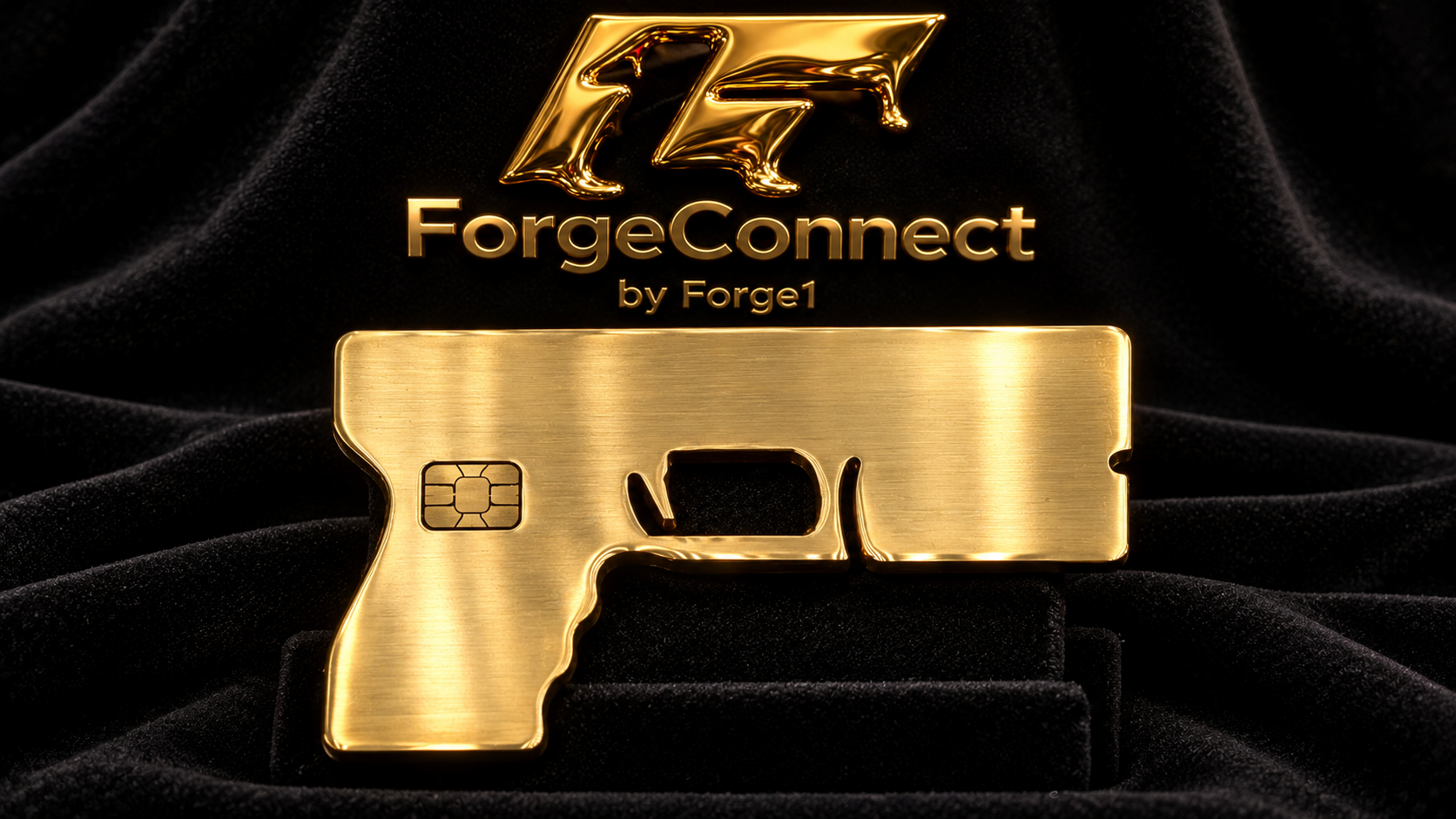 Gold custom credit card with a sculpted pistol-shaped cutout