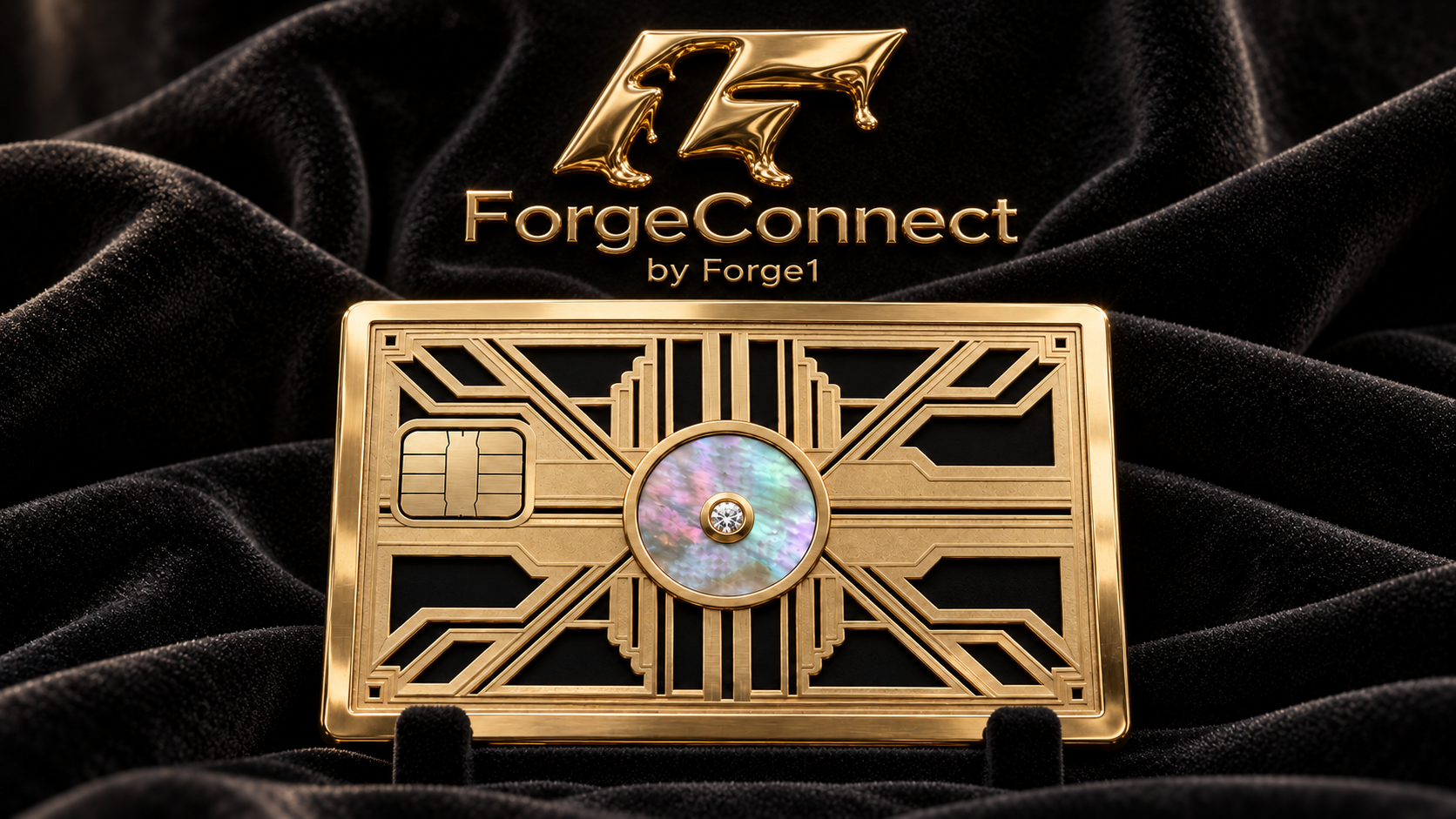 Gold custom credit card with geometric cutouts and a central inlay