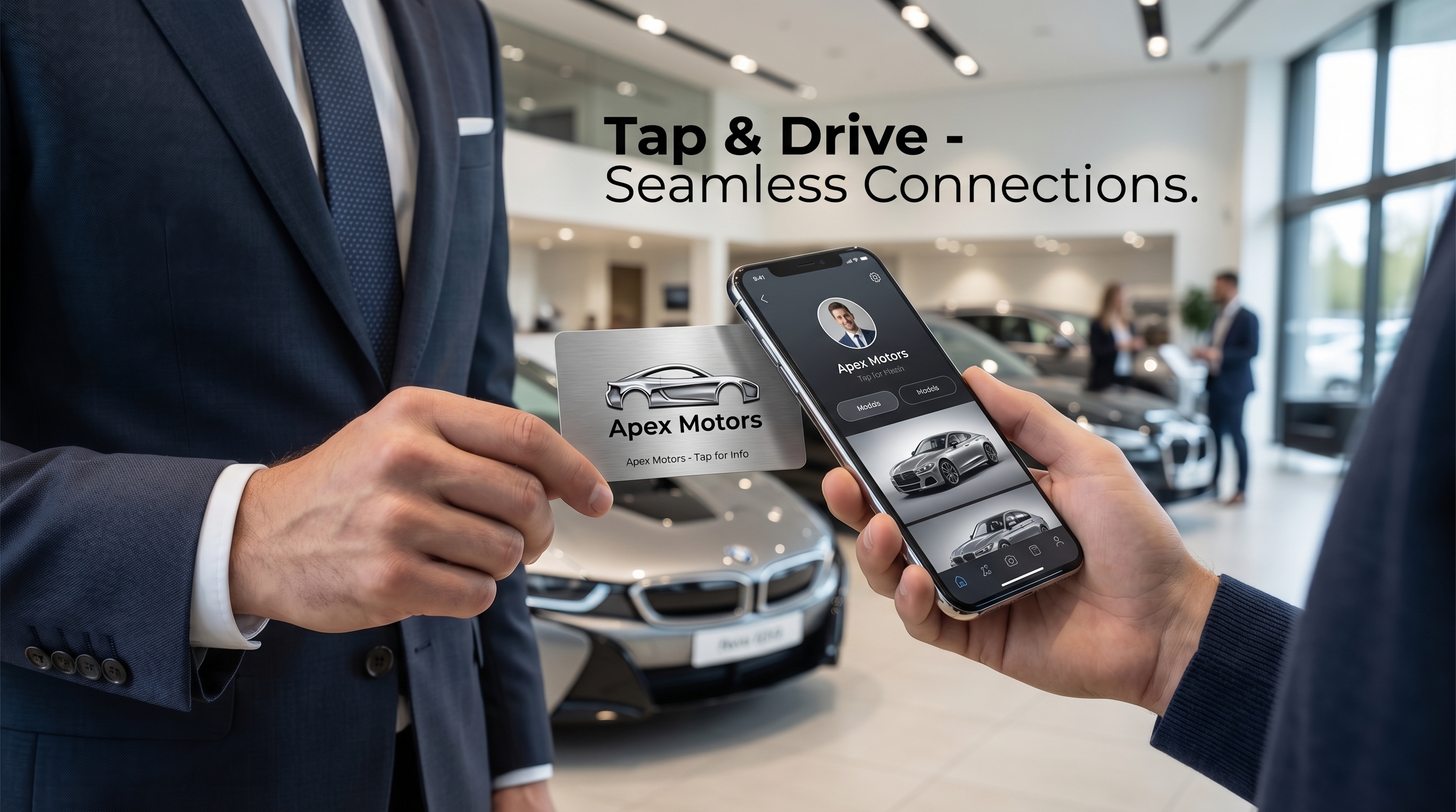 Tap and Drive NFC business card at car dealership with Apex Motors silver metal card and BMW showing seamless automotive sales connection