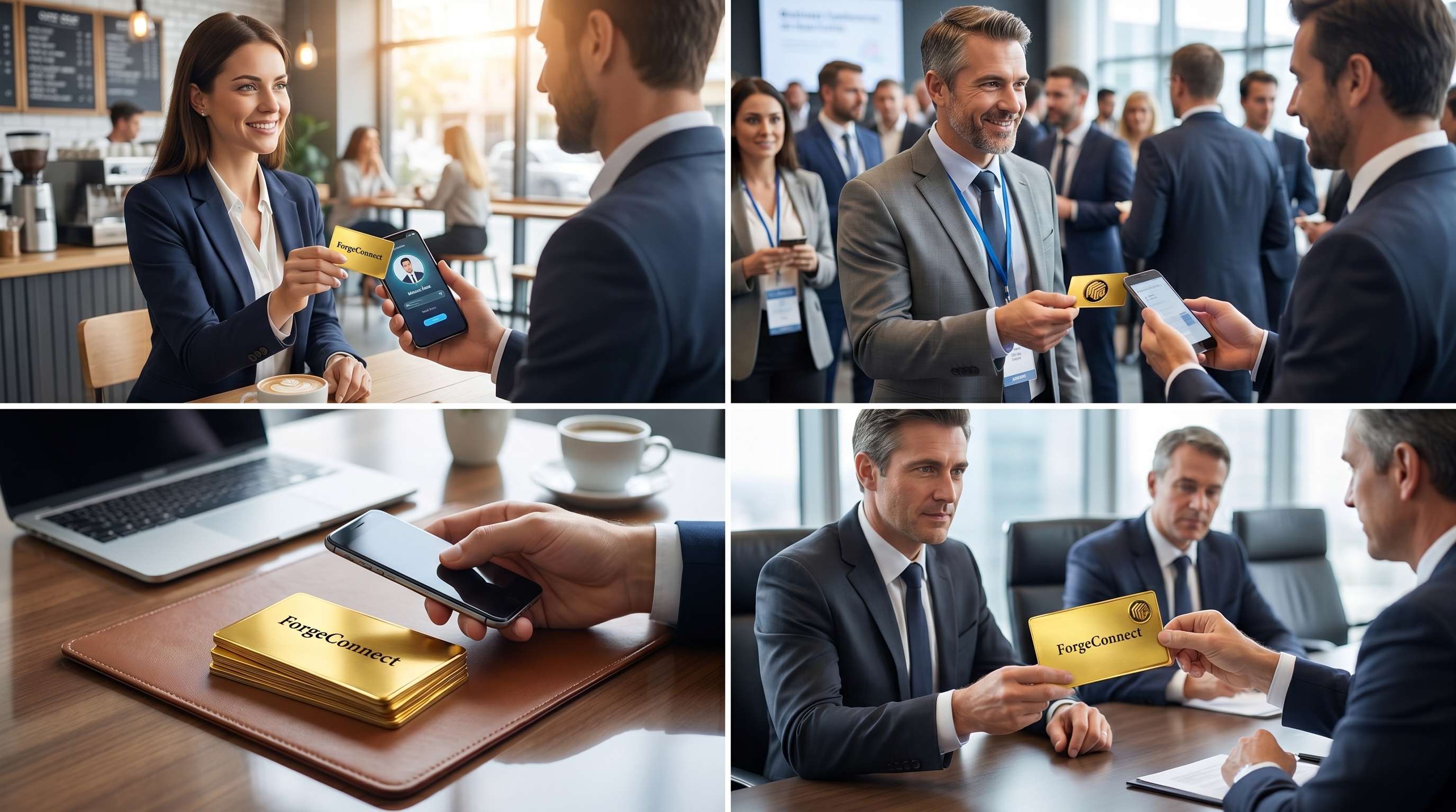 Conference trade show NFC business card exchange in coffee shop meeting rooms and booth for real-time event lead capture