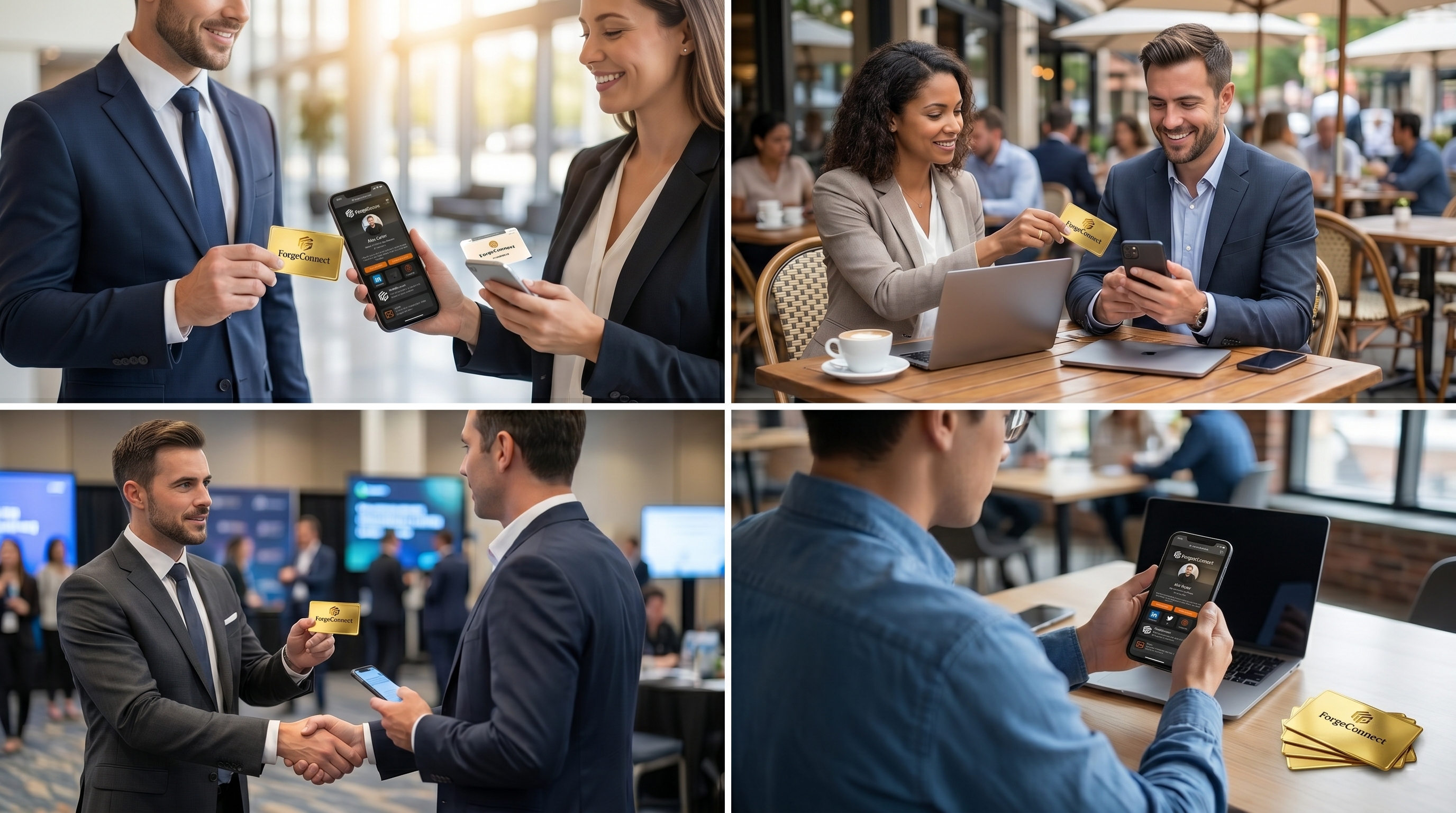 Two professionals sharing contact details via NFC smart business card tap in 2026