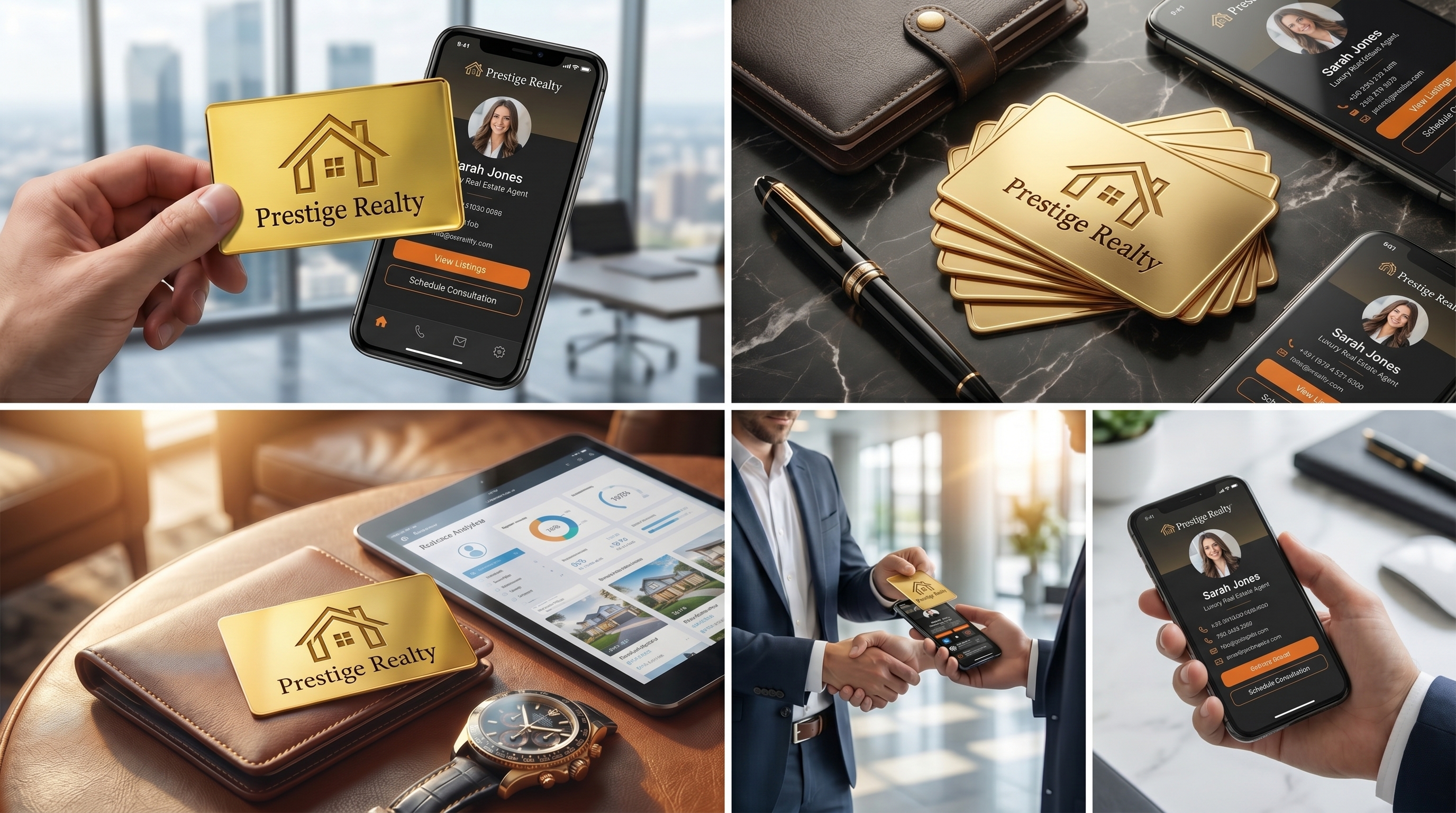 Real estate agent holding Prestige Realty branded gold NFC business card with property imagery and lead dashboard tablet